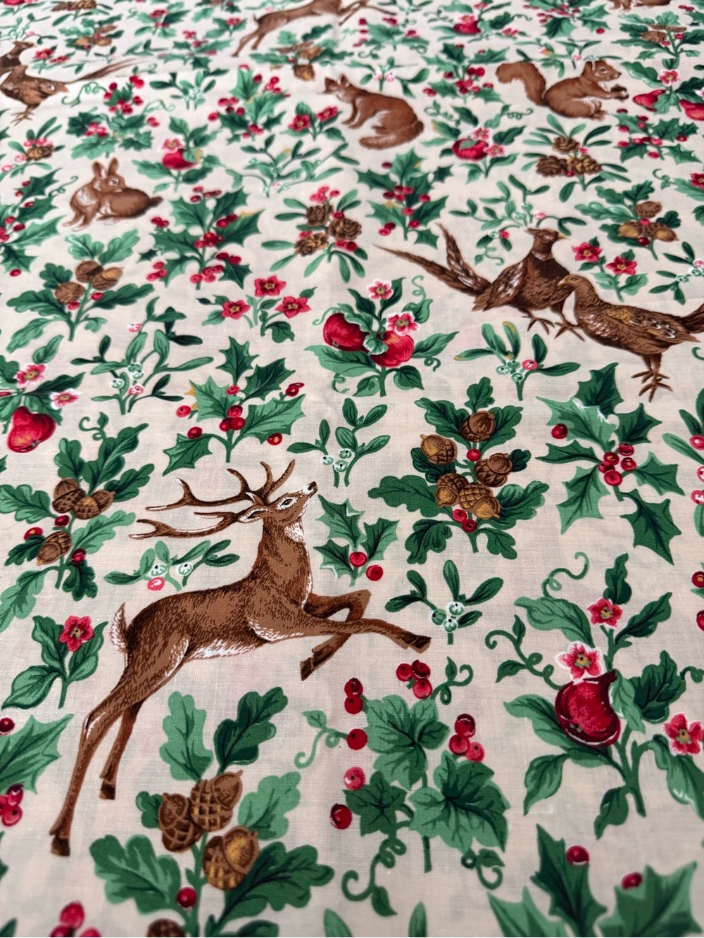 Vintage Cranston Christmas Woodland Animal Print Fabric Deer Squirrel Holly 2 yd